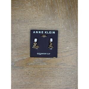 Anne Klein Gold Clip-On Earrings White Stone Geometric EZ Comfort Clip New